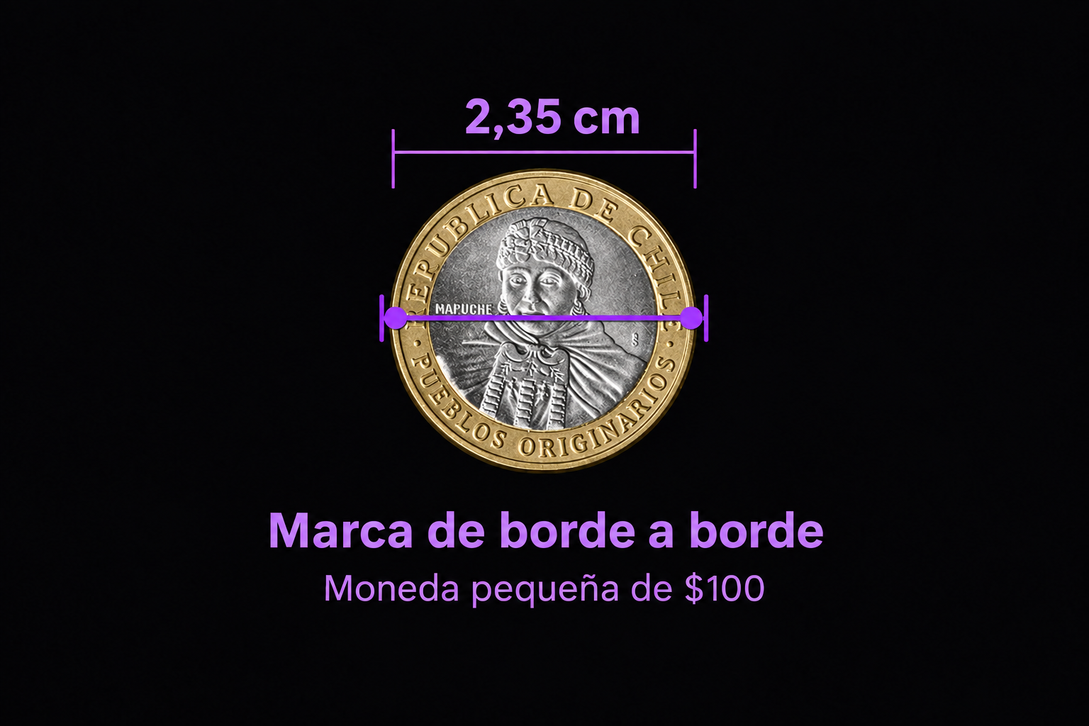 Moneda bimetálica de 100 pesos con dos puntos en sus bordes opuestos: diámetro de 2,35 centímetros.